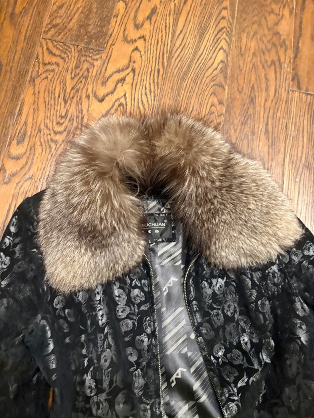 Black Floral Jacquard leather Jacket with Fur Trim - Picture 5 of 10